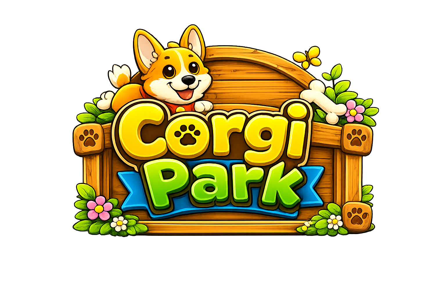 Corgi Park artwork with a smiling corgi and a wooden park sign