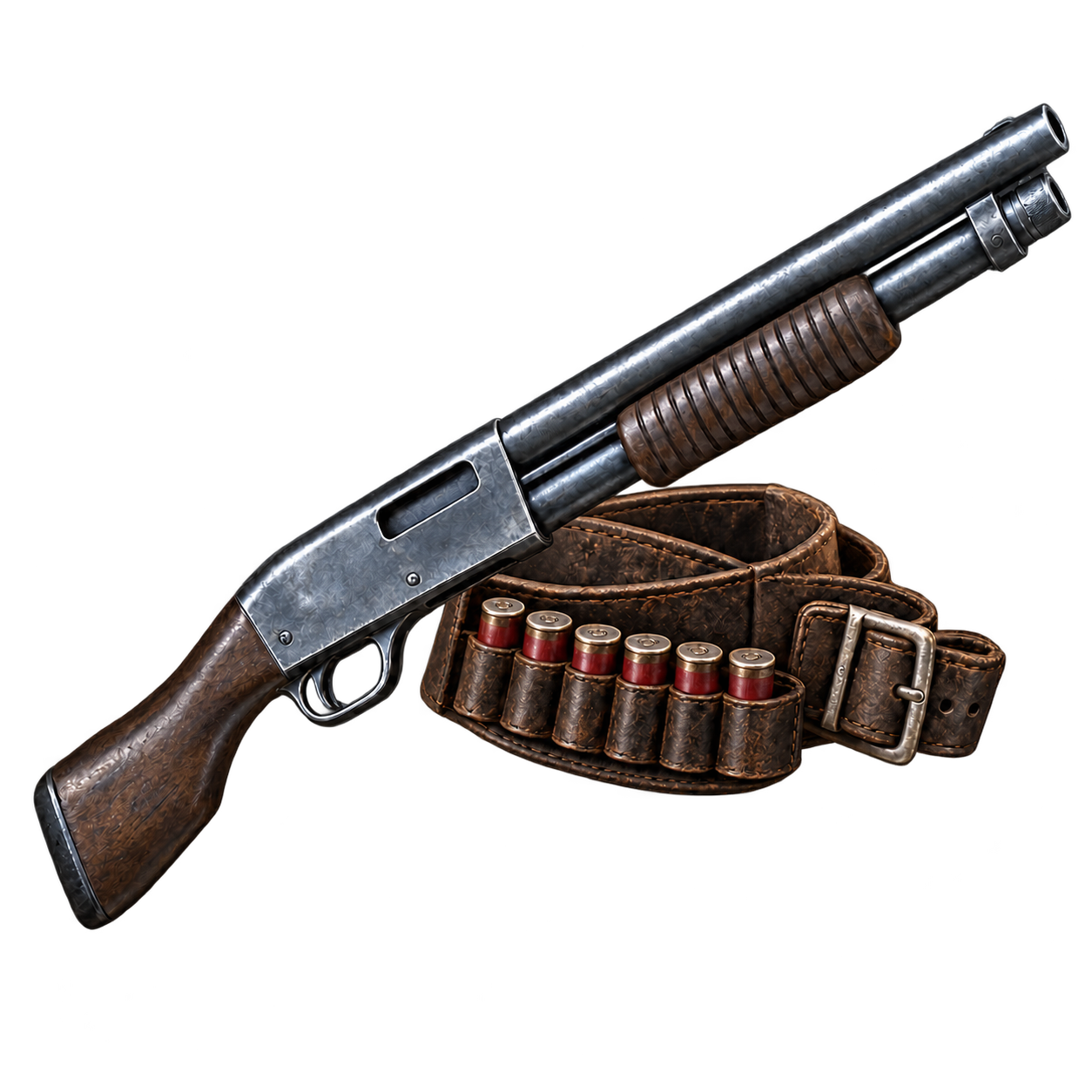 A weathered shotgun and cartridge belt from The Hunt